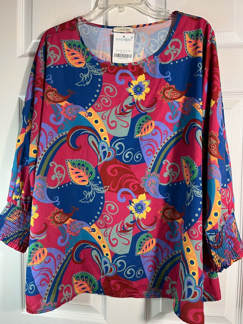 NWT Cotton Bleu Pretty Paisley Print Blouse in Fuchsia & Royal Blue M